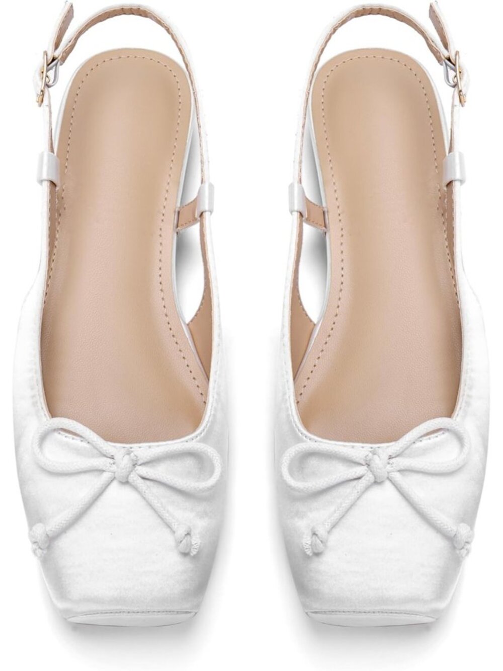 Women's White Slingback Square Toe Bow Knit Ankle Buckle Satin Ballet Flats